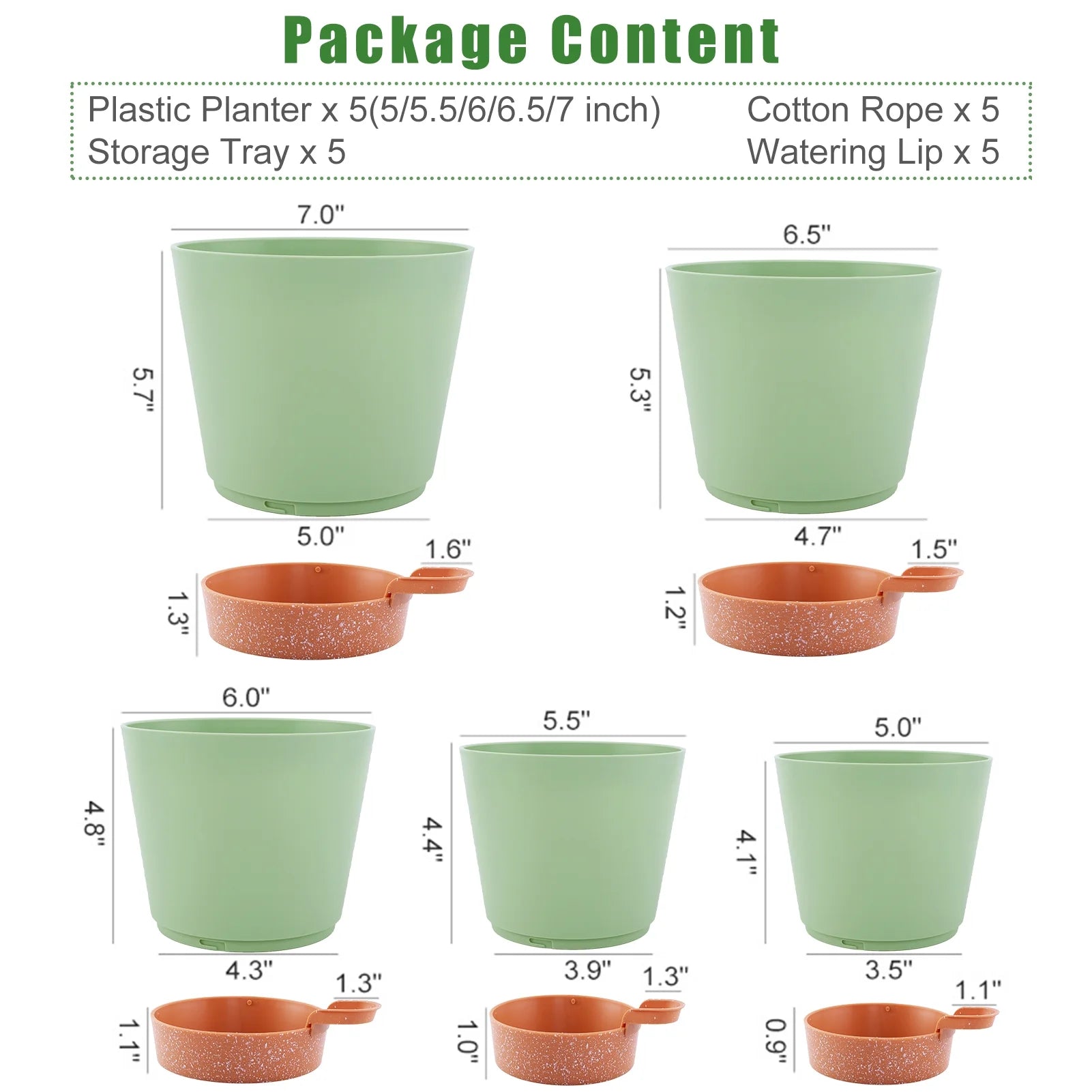 Self Watering Planters, 7/6.5/6/5.5/5 Inch Self Watering Plant Pots with Drainage Hole for Indoor and Outdoor Plants, 5 Pack, Green