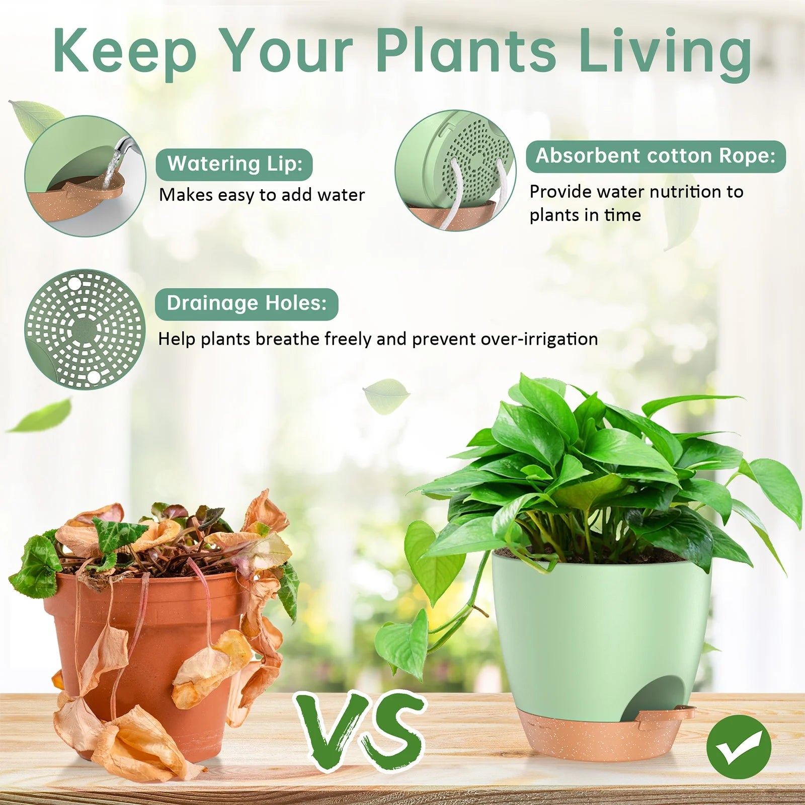 5 Pack Self Watering Plant Pots, Plastic Planters with Drainage Holes and Saucers, Flower Pots for Indoor Outdoor Garden Plants, 7/6.5/6/5.5/5 Inch（Green）